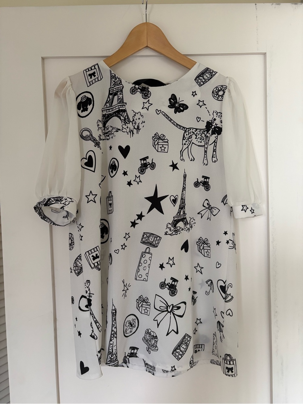 White Dress with Black Paris Print and Sheer Sleeves